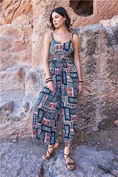 Monamise 23065 Kadın Etnik Desen İp Askılı Tulum-Lacivert