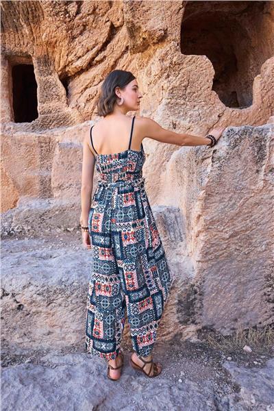 Monamise 23065 Kadın Etnik Desen İp Askılı Tulum-Lacivert