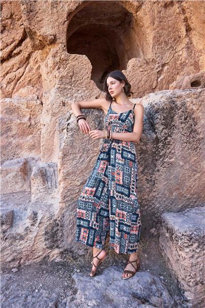 Monamise 23065 Kadın Etnik Desen İp Askılı Tulum-Lacivert