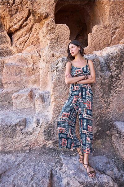 Monamise 23065 Kadın Etnik Desen İp Askılı Tulum-Lacivert