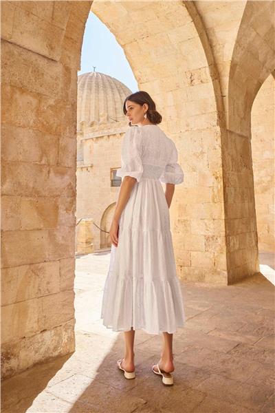 Monamise 23077 Kadın Truvakal Kol V yaka Elbise-Beyaz