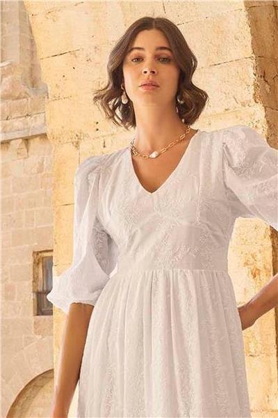 Monamise 23077 Kadın Truvakal Kol V yaka Elbise-Beyaz