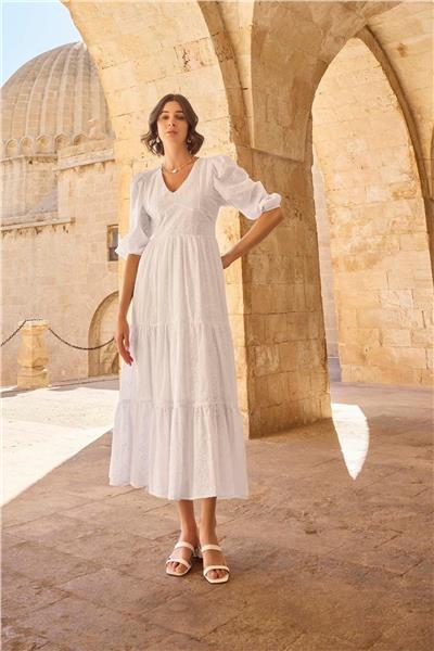 Monamise 23077 Kadın Truvakal Kol V yaka Elbise-Beyaz