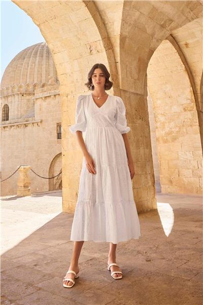 Monamise 23077 Kadın Truvakal Kol V yaka Elbise-Beyaz