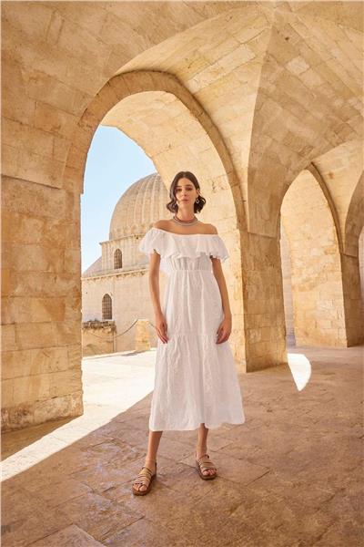 Monamise 23078 Kadın Volanlı Fisto Elbise-Beyaz