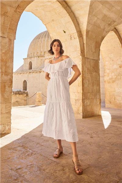 Monamise 23078 Kadın Volanlı Fisto Elbise-Beyaz