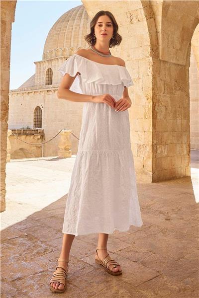 Monamise 23078 Kadın Volanlı Fisto Elbise-Beyaz