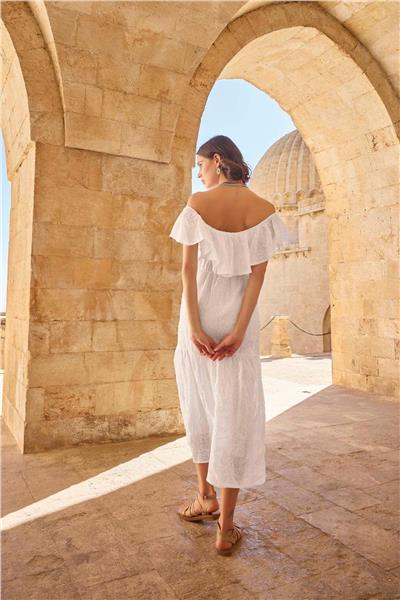 Monamise 23078 Kadın Volanlı Fisto Elbise-Beyaz