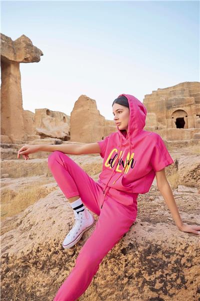 Monamise 23089 Kadın Kısa Kollu Kapişonlu Eşofman Takımı-Pembe