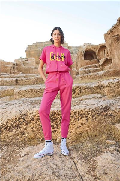 Monamise 23089 Kadın Kısa Kollu Kapişonlu Eşofman Takımı-Pembe