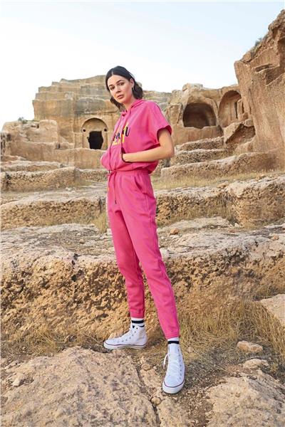 Monamise 23089 Kadın Kısa Kollu Kapişonlu Eşofman Takımı-Pembe