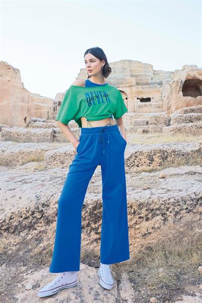 Monamise 23090 Kadın Kısa Kollu 3lü Crop Eşofman Takım-Mavi