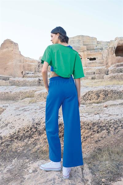 Monamise 23090 Kadın Kısa Kollu 3lü Crop Eşofman Takım-Mavi