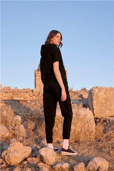 Monamise 23096 Kadın Kısa Kollu Kapişonlu Eşofman Takımı-Siyah