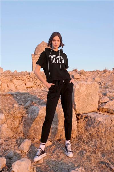 Monamise 23096 Kadın Kısa Kollu Kapişonlu Eşofman Takımı-Siyah