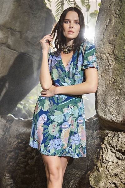 Monamise Kadın Petrol Mavisi Kruvaze Yaka Mini Elbise 21007