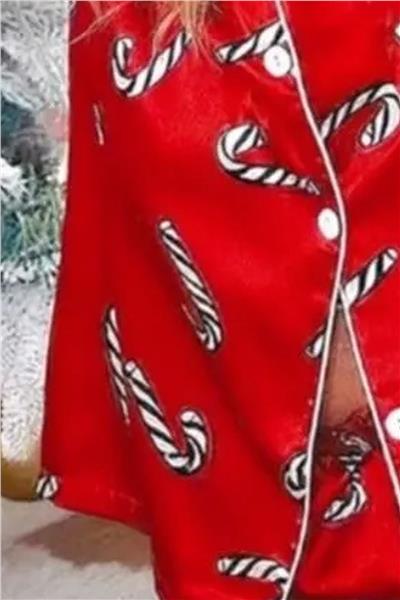 Nilay 5001 Kadın Yılbaşı Özel Saten Önden Düğmeli Pijama Takımı-Kırmızı