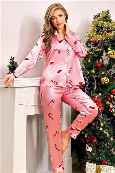 Nilay 5003 Kadın Yılbaşı Özel Saten Önden Düğmeli Pijama Takımı-Pembe