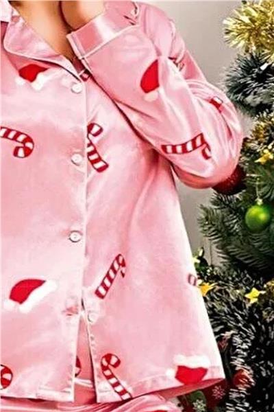 Nilay 5003 Kadın Yılbaşı Özel Saten Önden Düğmeli Pijama Takımı-Pembe