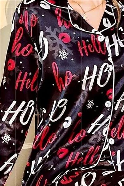 Nilay 5004 Kadın Yılbaşı Özel Saten Önden Düğmeli Pijama Takımı-Siyah