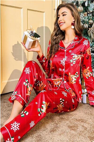 Nilay 5005 Kadın Yılbaşı Özel Saten Önden Düğmeli Pijama Takımı-Kırmızı