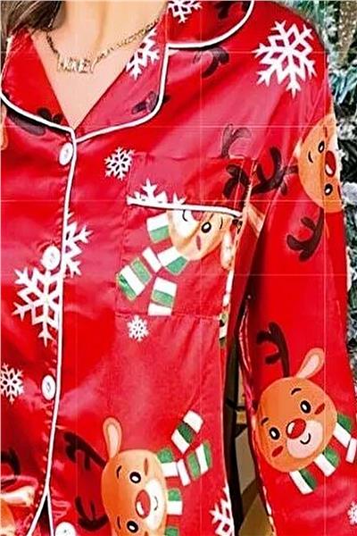 Nilay 5005 Kadın Yılbaşı Özel Saten Önden Düğmeli Pijama Takımı-Kırmızı