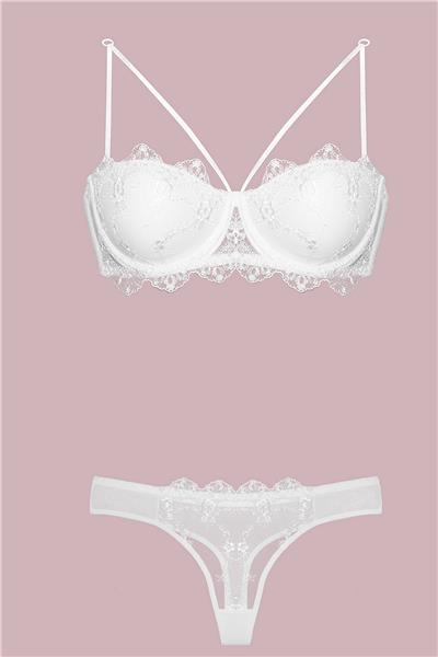 Nurteks 4591 Kadın Dantelli Destekli Starples Sütyen Külot Takım-Ekru