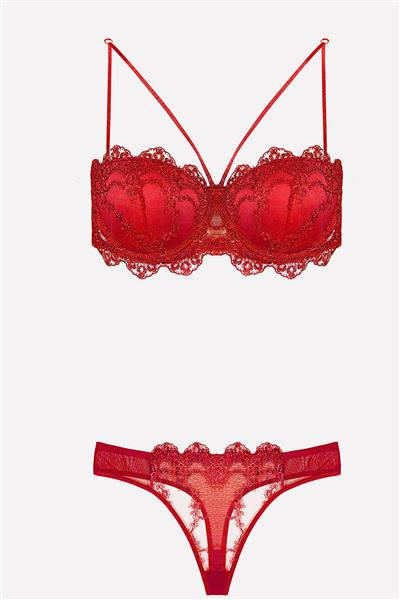 Nurteks 4591 Kadın Dantelli Destekli Starples Sütyen Külot Takım-Kırmızı