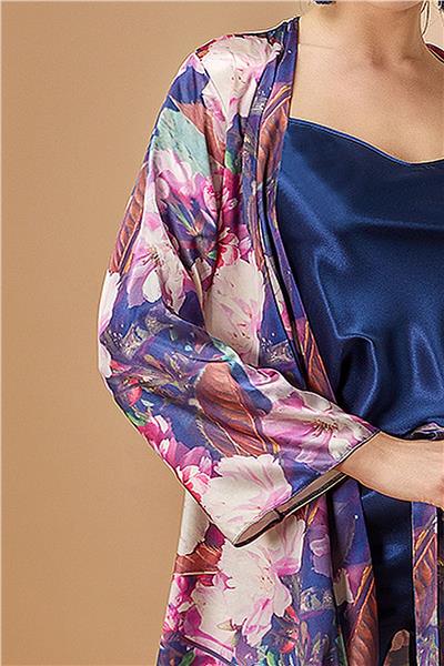 Nurteks 5951 Kadın Saten Sabahlıklı İp Askılı Pijama  Takım-Lacivert