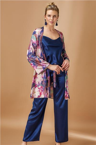 Nurteks 5951 Kadın Saten Sabahlıklı İp Askılı Pijama  Takım-Lacivert