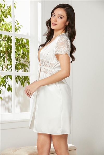 Pierre Cardin 1020 Kadın Saten Sabahlık-Ekru