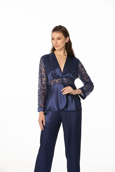 Pierre Cardin 1121 Kadın  Saten Dantelli Pijama Takımı-Lacivert