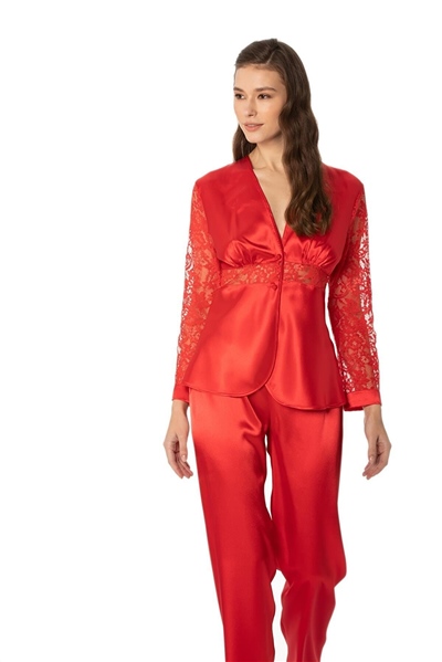 Pierre Cardin 1121 Kadın  Saten Dantelli Pijama Takımı-Kırmızı