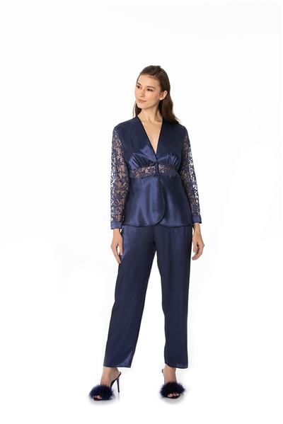 Pierre Cardin 1121 Kadın  Saten Dantelli Pijama Takımı-Lacivert