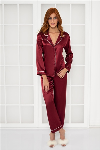 Pierre Cardin 1200 Kadın Saten Pijama Takımı-Bordo