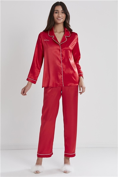 Pierre Cardin 1200 Kadın Saten Pijama Takımı-Kırmızı