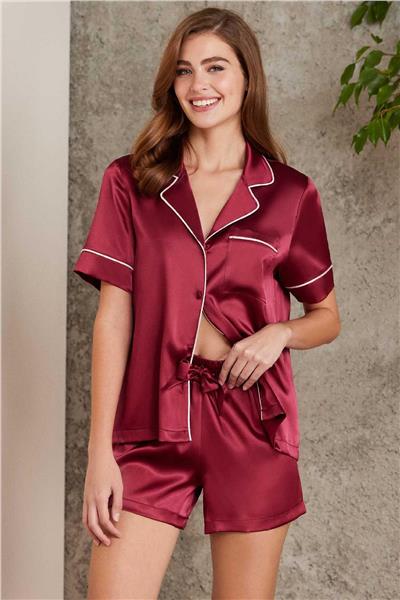 Pierre Cardin 1205 Kadın Saten Önden Düğmeli Şortlu Pijama Takım-Bordo