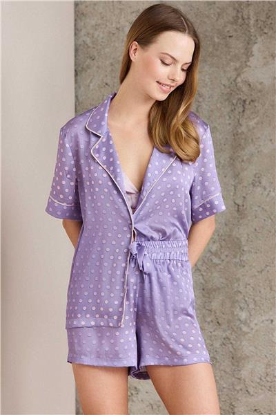 Pierre Cardin 1225 Kadın Empirme Saten 3lü Şort Takım-Violet