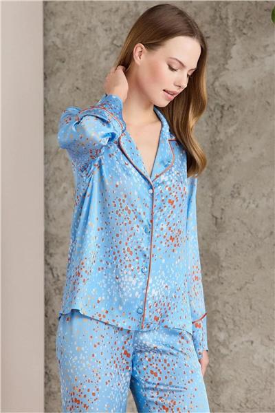 Pierre Cardin 1240 Kadın Saten Empirme Uzun Kollu Gömlek Pijama Takımı-Sky