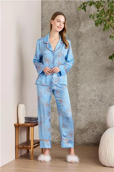 Pierre Cardin 1240 Kadın Saten Empirme Uzun Kollu Gömlek Pijama Takımı-Sky
