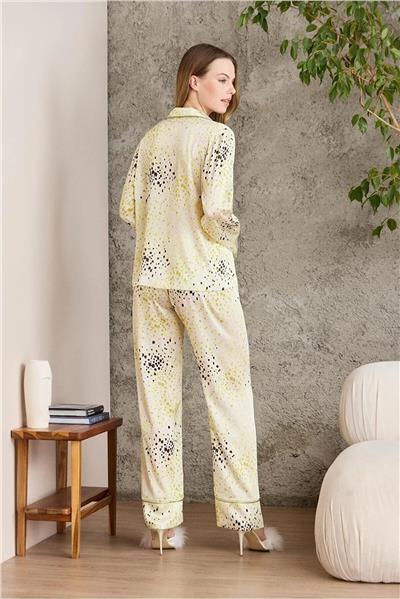 Pierre Cardin 1240 Kadın Saten Empirme Uzun Kollu Gömlek Pijama Takımı-Lime