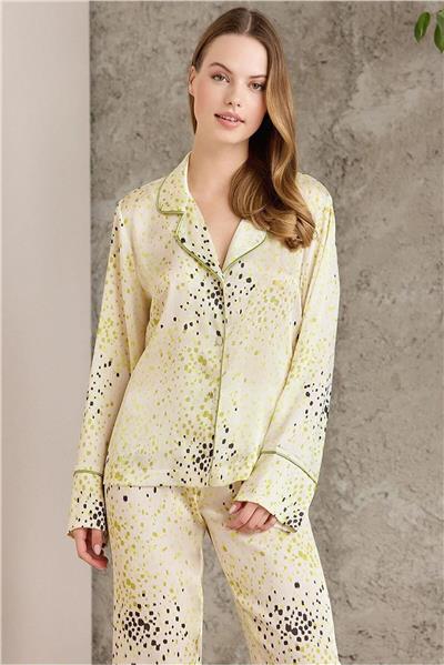 Pierre Cardin 1240 Kadın Saten Empirme Uzun Kollu Gömlek Pijama Takımı-Lime