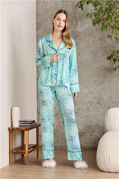 Pierre Cardin 1240 Kadın Saten Empirme Uzun Kollu Gömlek Pijama Takımı-Capri