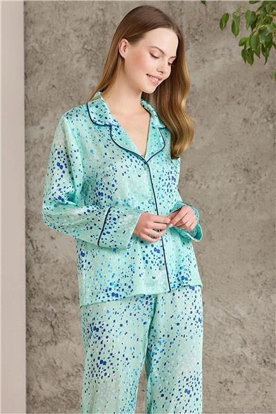 Pierre Cardin 1240 Kadın Saten Empirme Uzun Kollu Gömlek Pijama Takımı-Capri