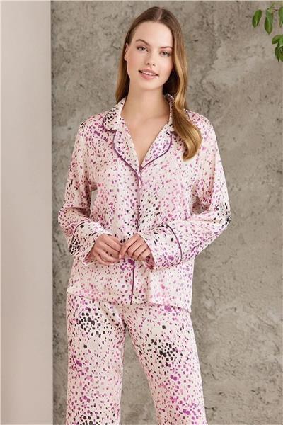 Pierre Cardin 1240 Kadın Saten Empirme Uzun Kollu Gömlek Pijama Takımı-Violet