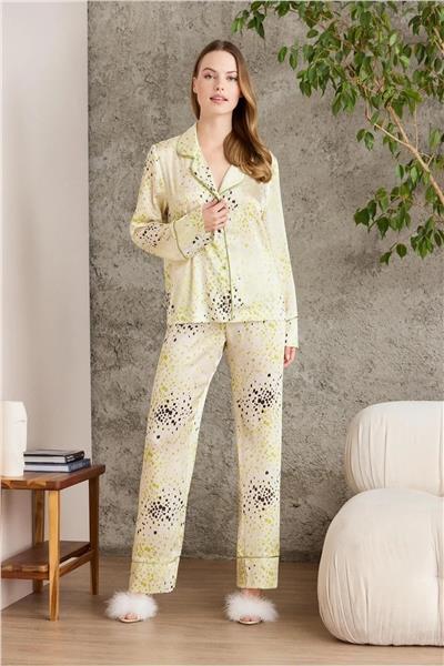 Pierre Cardin 1240 Kadın Saten Empirme Uzun Kollu Gömlek Pijama Takımı-Lime