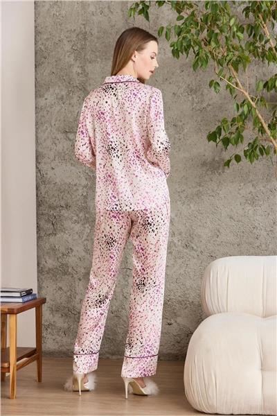 Pierre Cardin 1240 Kadın Saten Empirme Uzun Kollu Gömlek Pijama Takımı-Violet
