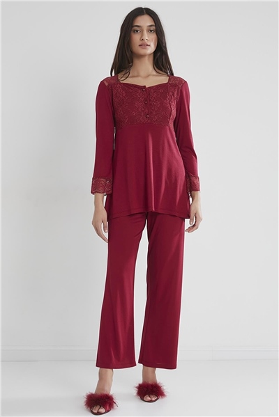 Pierre Cardin 1241 Kadın Penye Uzun Kollu Pijama Takımı-Bordo