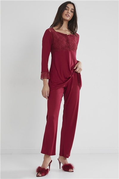 Pierre Cardin 1241 Kadın Penye Uzun Kollu Pijama Takımı-Bordo