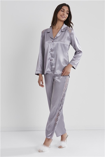 Pierre Cardin 1438 Kadın Saten Dantelli Pijama Takımı-Royal